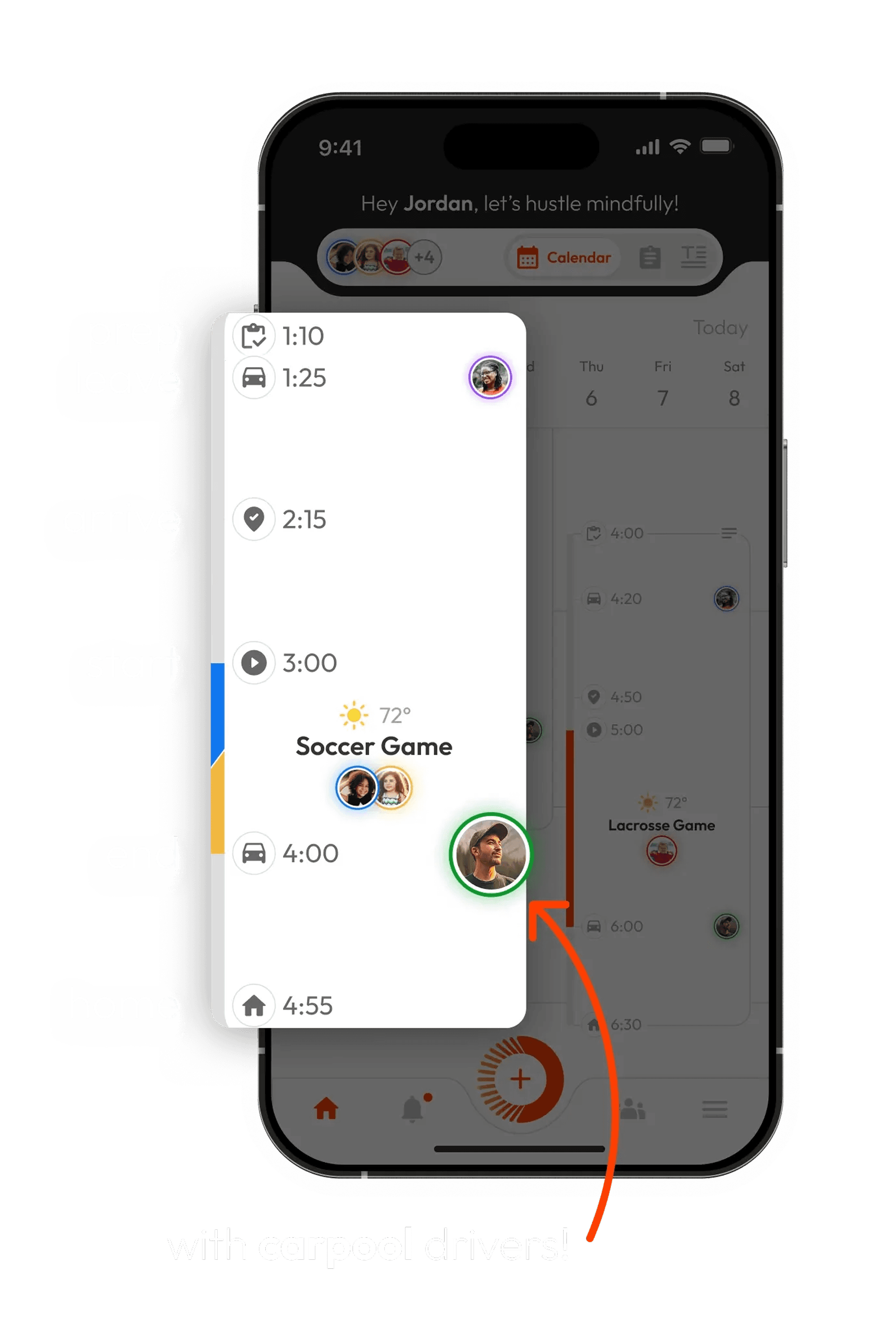 Orgo logistics timeline showing event prep, drive time, and carpool driver