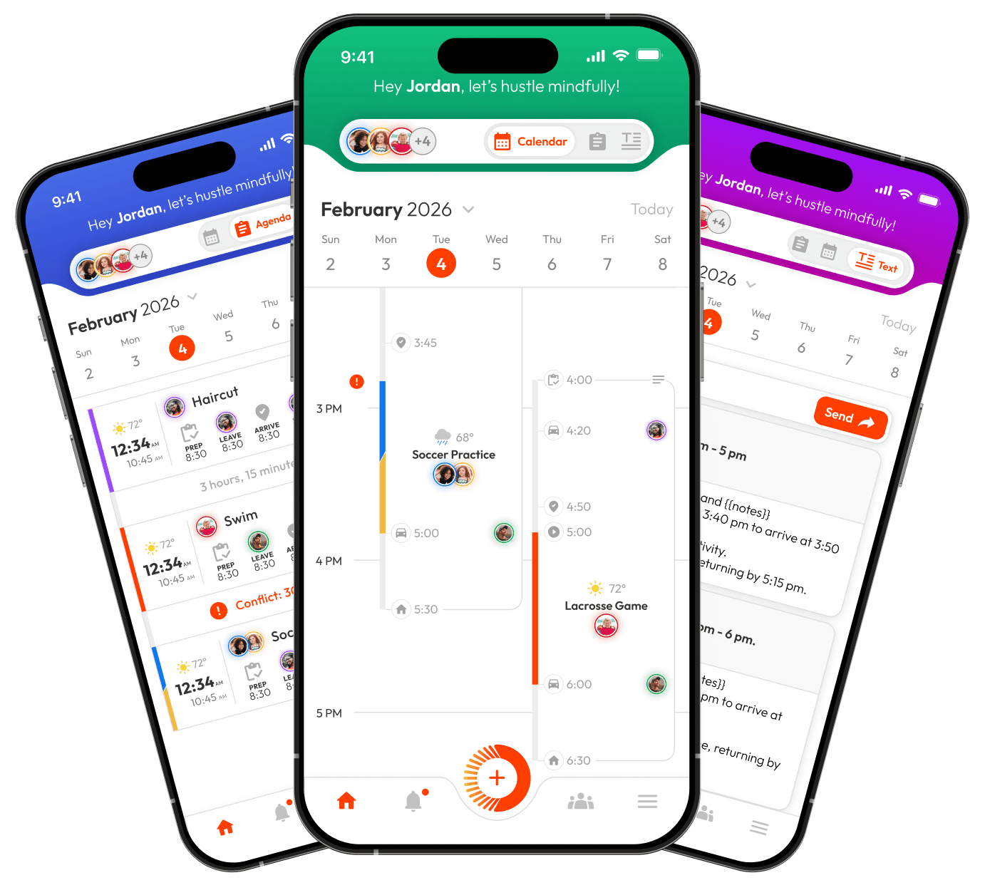 Orgo app on three phones showing agenda, calendar, and text views